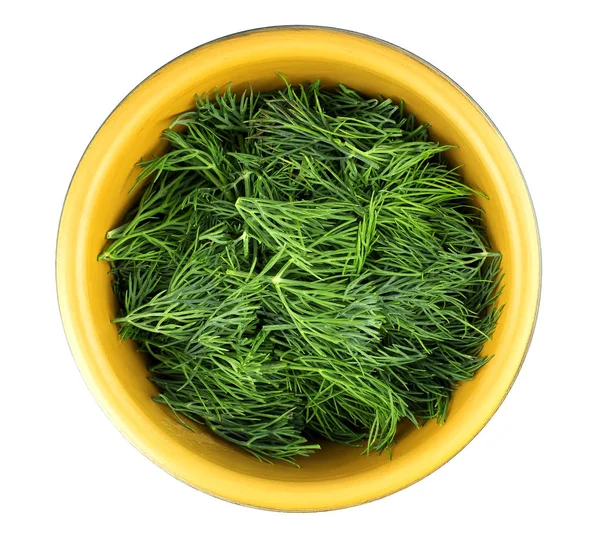 Bowl of fresh dill on white background, top view — Stock Photo, Image