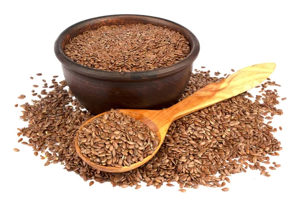 Seramik kase tahta kaşıkla beyaz b izole keten tohumu