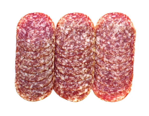 Salame salsicha fatias isoladas no fundo branco — Fotografia de Stock