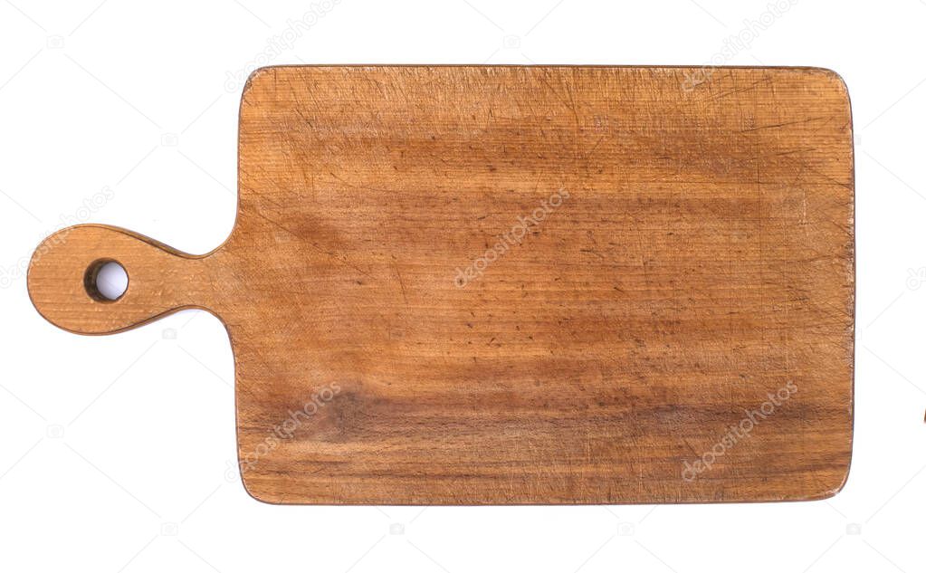 Wooden cutting board isolated on white background. Kitchen concept.