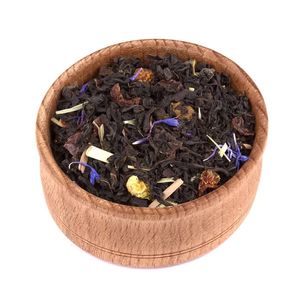 Dried Black Tea Slices Dried Cherry Safflower Petals Wooden Bowl — Stock Photo, Image