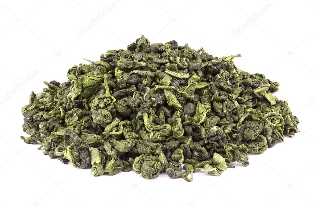 Dry green tea leaves isolated on white background, tasty, natural