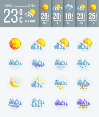 Hava durumu ikonları düşük yalan makinesine soktu. Tasarımınız için geometrik hava durumu simgesi