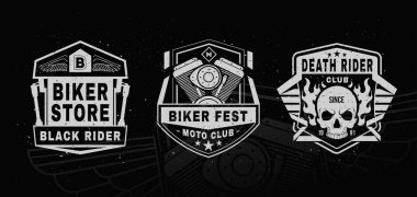 Motosiklet etiketleri, rozetler, iskele amblemi seti. Motosiklet klasik tasarımı.