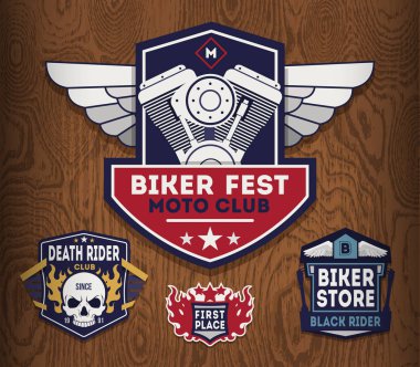 Motosiklet etiketleri, rozetler, iskele amblemi seti. Motosiklet klasik tasarımı.