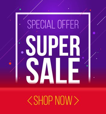Süper satış afişi tasarımı. Arka plan promosyon indirim şablonu. Vektör Web pazarlama kartı