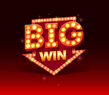 Lambalı geçmişe dönüş tabelası, Büyük Kazanan bayrağı. Poker, kumar makineleri, iskambil kağıtları, kumar makineleri ve rulet ile vektör illüstrasyon tasarımı. Mavi lamba vektör şablonu ile büyük zafer