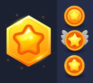 Vektör yıldız simgeleri ayarlandı. Oyun için koleksiyon simgesi tasarımı, ui, banner, uygulama, arayüz, oyun geliştirme için tasarım. 