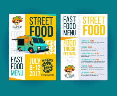 Yemek kamyonu festivali için yaratıcı parti davetiyesi. Fast food broşürü. Vektör yemek menüsü broşürü. Sokak yemekleri festivali menüsü