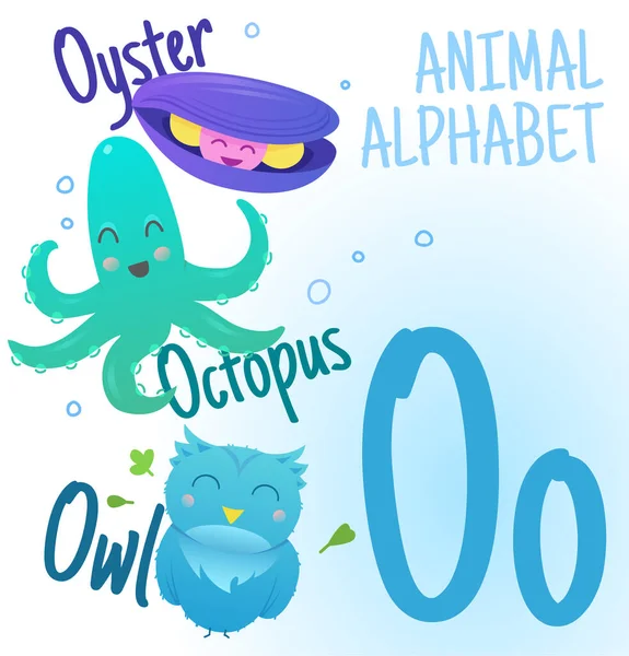 Dierlijk Alfabet Vector Brief Zeer Schattige Cartoon Dieren Oester Octopus — Stockvector