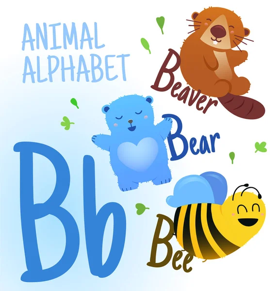 Állati Ábécé Vektorban Betű Nagyon Aranyos Rajzfilmfigurák Beaver Bear Bee — Stock Vector