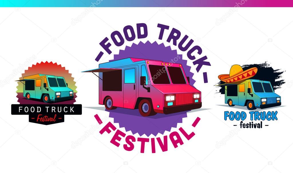 Set fast food labels & badges. Food truck logotype and vector elements, insignia, sign, identity. Street food illustrations and graphics.