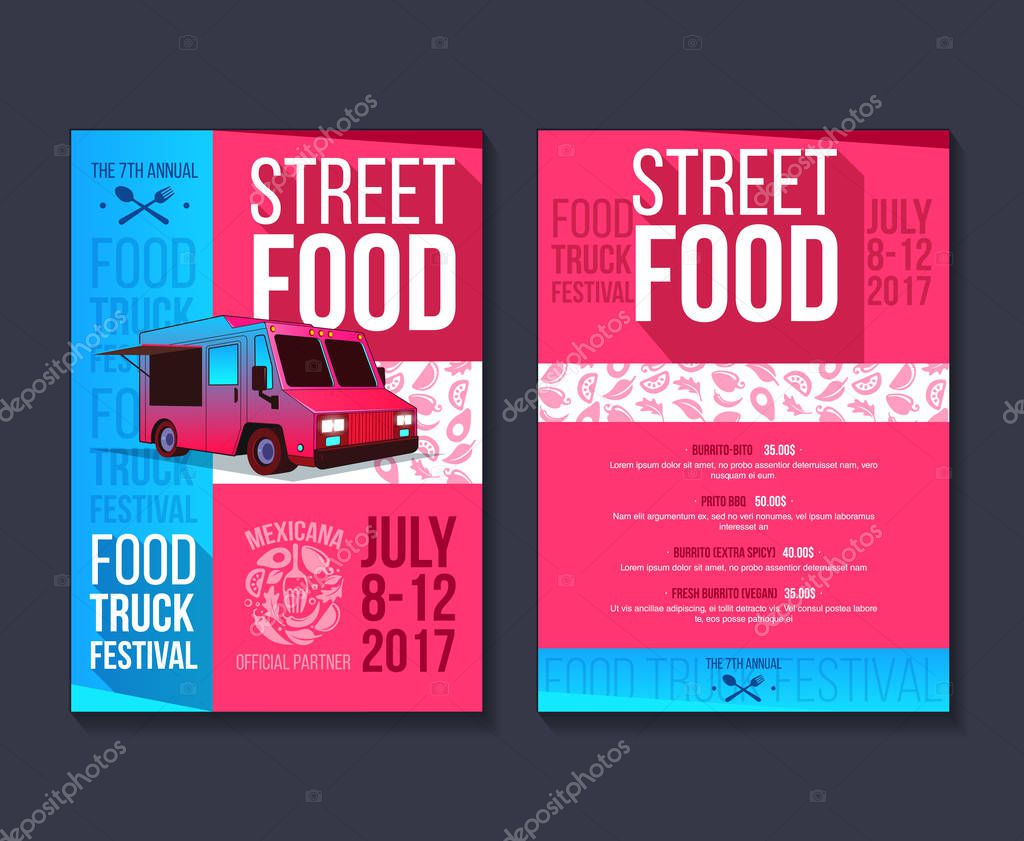Creative party invitation on Food truck festival. Fast food brochure template. Vector food menu flyer. Street food festival menu