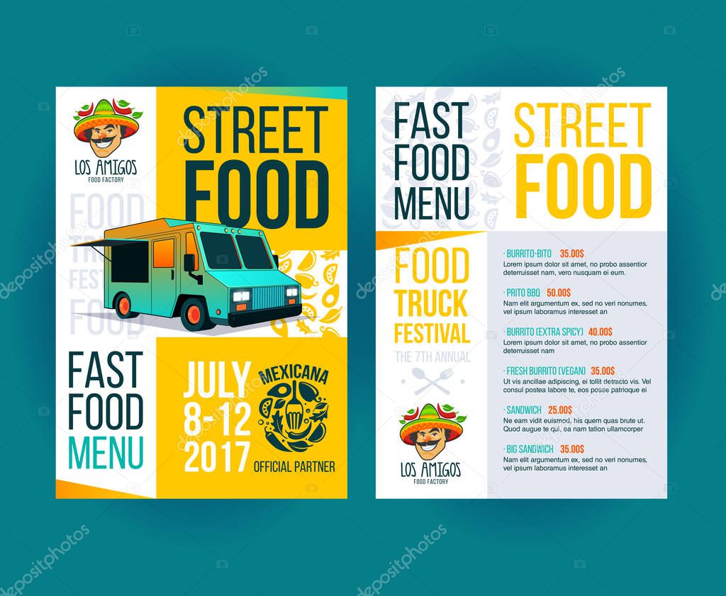 Creative party invitation on Food truck festival. Fast food brochure template. Vector food menu flyer. Street food festival menu
