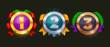 Vektör madalyaları ayarlandı. Oyun için koleksiyon simgesi tasarımı, ui, banner, uygulama, arayüz, oyun geliştirme için tasarım. 