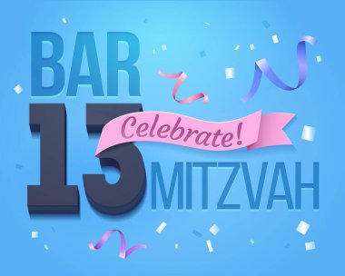 Bat Mitzvah Davetiye Kartı. 13. yıldönümünde Yahudi bir çocuğun Bar Mitzvah 'ına tebrik kartı. Tasarım, pankart tasarımı, web sitesi, baskı veya web için poster tasarımı, medya, Mavi Arkaplan ile promosyon materyali - Vektör illüstrasyonu