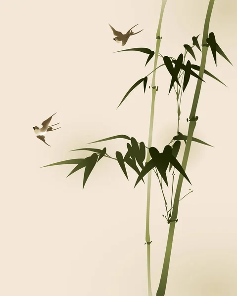 中式风格竹与燕子 — 图库矢量图片