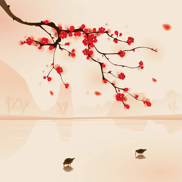 Banner de árvore florescente estilo chinês — Vetor de Stock