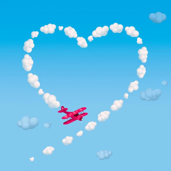 Pequeño plano dibujando corazón con nubes — Vector de stock