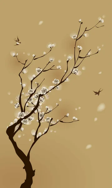 Arbre en fleurs et hirondelles volantes — Image vectorielle