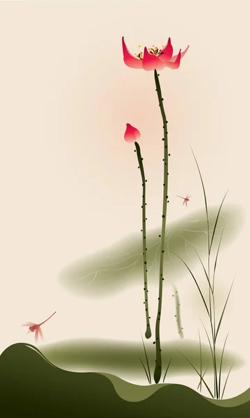 艺术似盛开的莲花，与蜻蜓 — 图库矢量图片