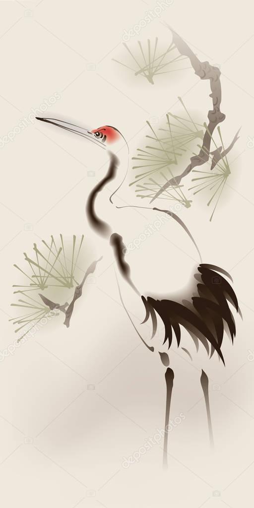 cute crane with branch