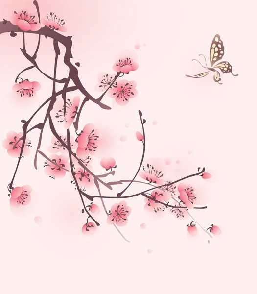 Rama de cerezo en flor y mariposa — Archivo Imágenes Vectoriales