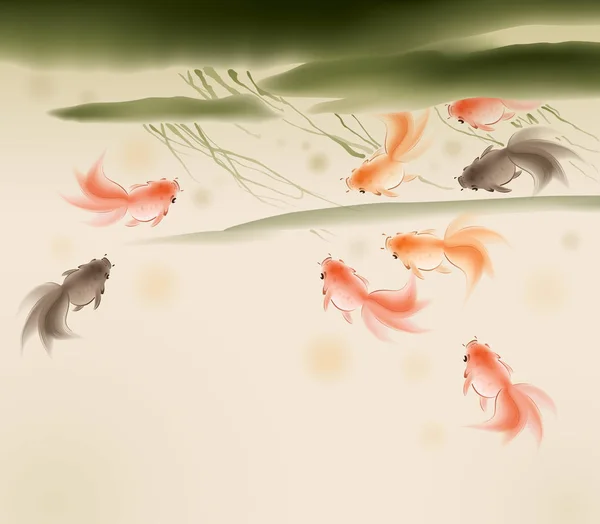 Chinese stijl goldfishes tekening — Stockvector