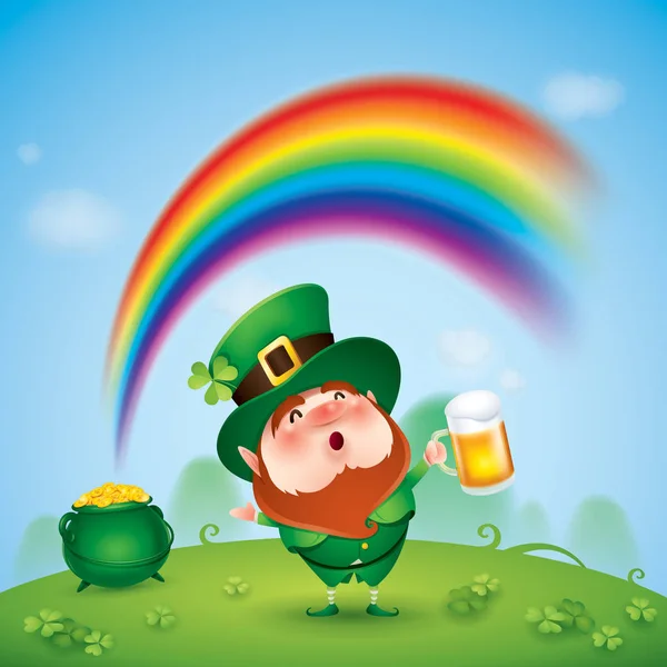 Personaggio dei cartoni animati di leprecauno che tiene la birra — Vettoriale Stock