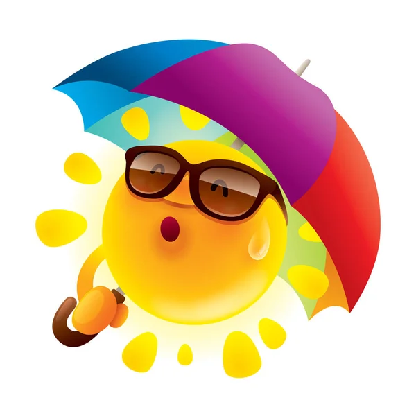 Мультяшний характер сонця в сонцезахисних окулярах з парасолькою — стоковий вектор