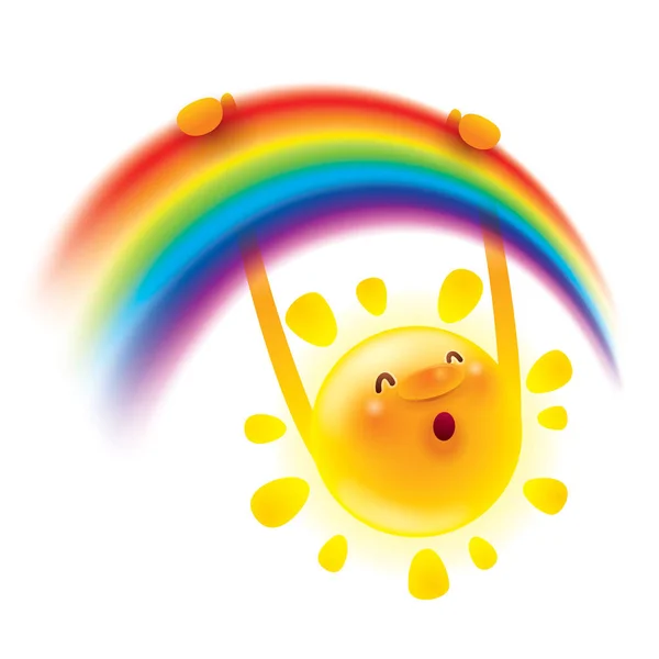Personaggio dei cartoni animati di sole appeso sull'arcobaleno — Vettoriale Stock