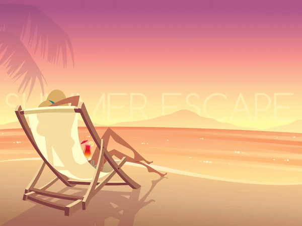 Cartão romântico com mulher em sunbed na praia — Vetor de Stock