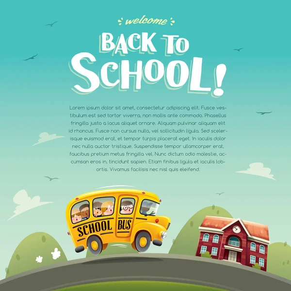 Autobús escolar con alumnos cerca de la escuela — Vector de stock