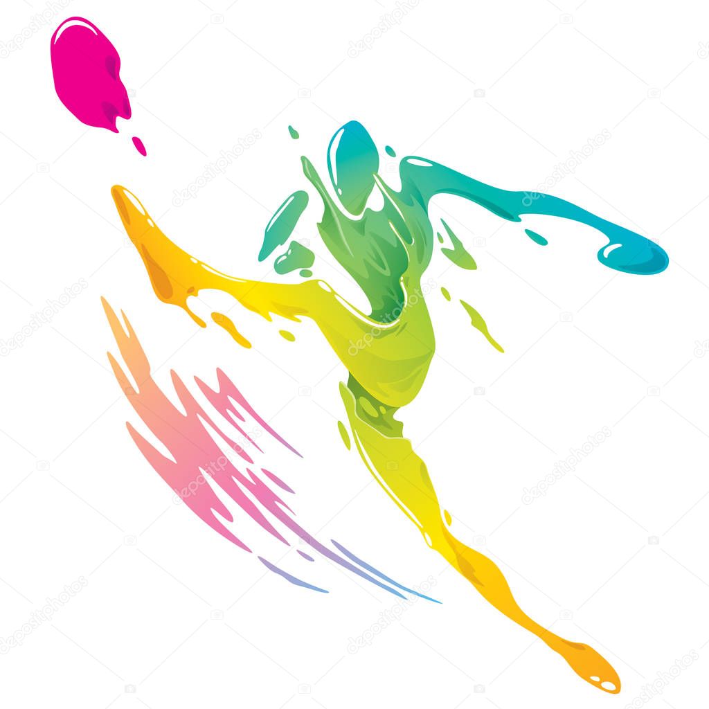 Multicolored splash in form of soccer player kicking ball isolated on white background, vector, illustration