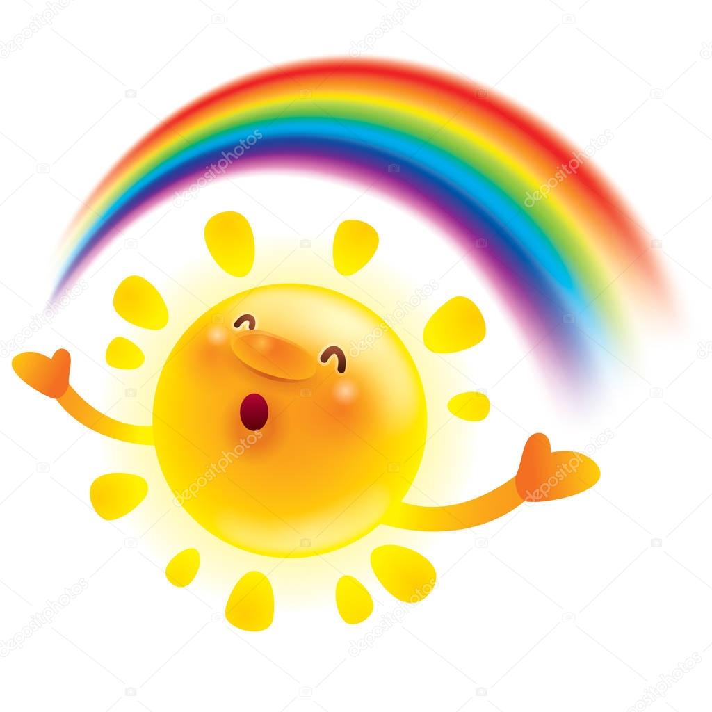 cartoon character of funny sun with rainbow