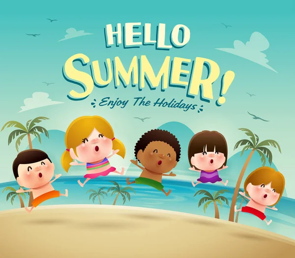 Hello Summer Poster Cartoon Multietnic Kids Beach Palm Trees Holidays — Stock Vector