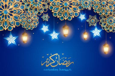 Parlayan yıldız ve fenerle İslami festival arka planı. İslami geometrik sanatın kağıt grafiği. Ramazan Kareem - Müslüman yılının görkemli ayı.