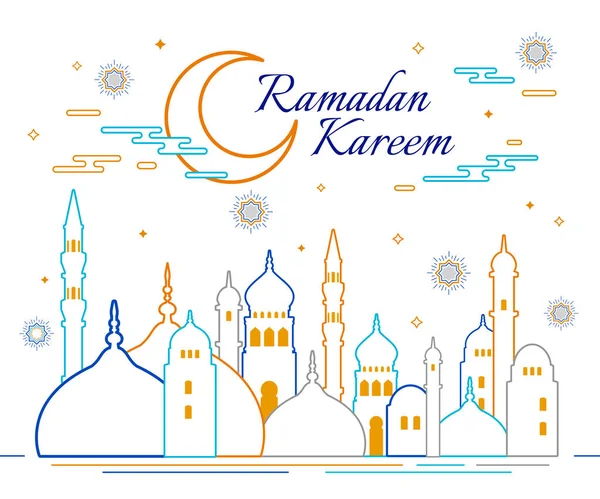 アラビア幾何学芸術の線形芸術 イスラムのモスクと三日月 ラマダーン カレーム ムスリム年の栄光の月 — ストックベクタ
