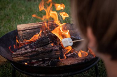 Mutlu genç adam ve oğlu kamp ateşinde bataklık kızartma sırasında doğal ortamda onların hafta sonu zevk