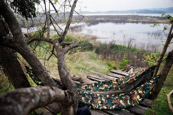 Bir orman hamak arasında ahşap iskele plat ağaçta asılı