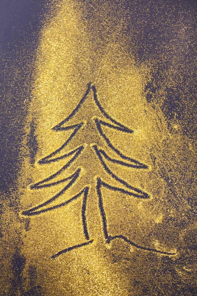 Golden sparkles and christmas tree drawing — Stock Photo, Image