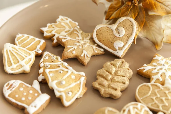 Biscotti di pan di zenzero su un piatto con motivi natalizi — Foto Stock