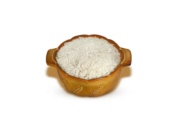 Riz Blanc Dans Bol Céramique Fond Blanc — Photo
