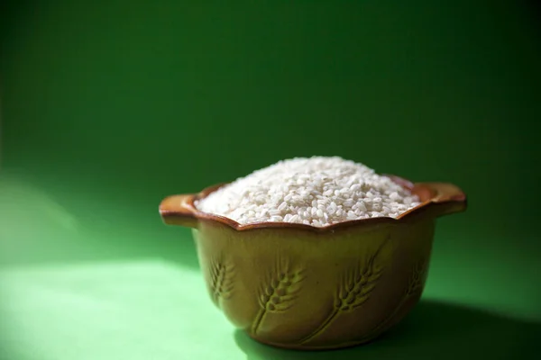 Riz Blanc Dans Bol Céramique Fond Vert — Photo