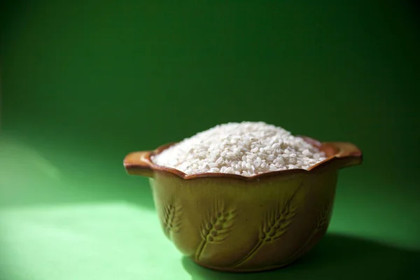 Arroz Blanco Tazón Cerámica Fondo Verde — Foto de Stock