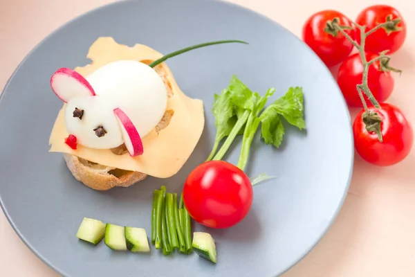 Funny food, cheese sandwich with radish mouse