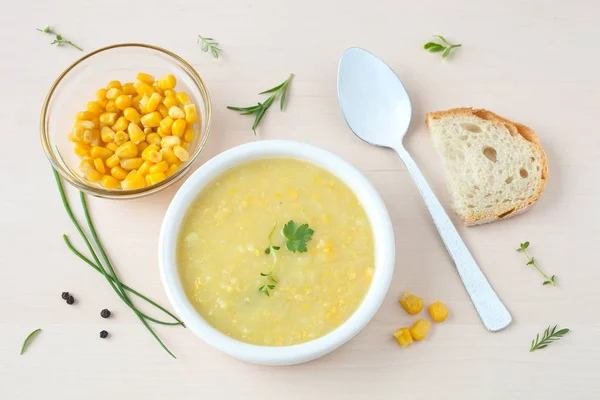 Creamy corn soup in a bowl