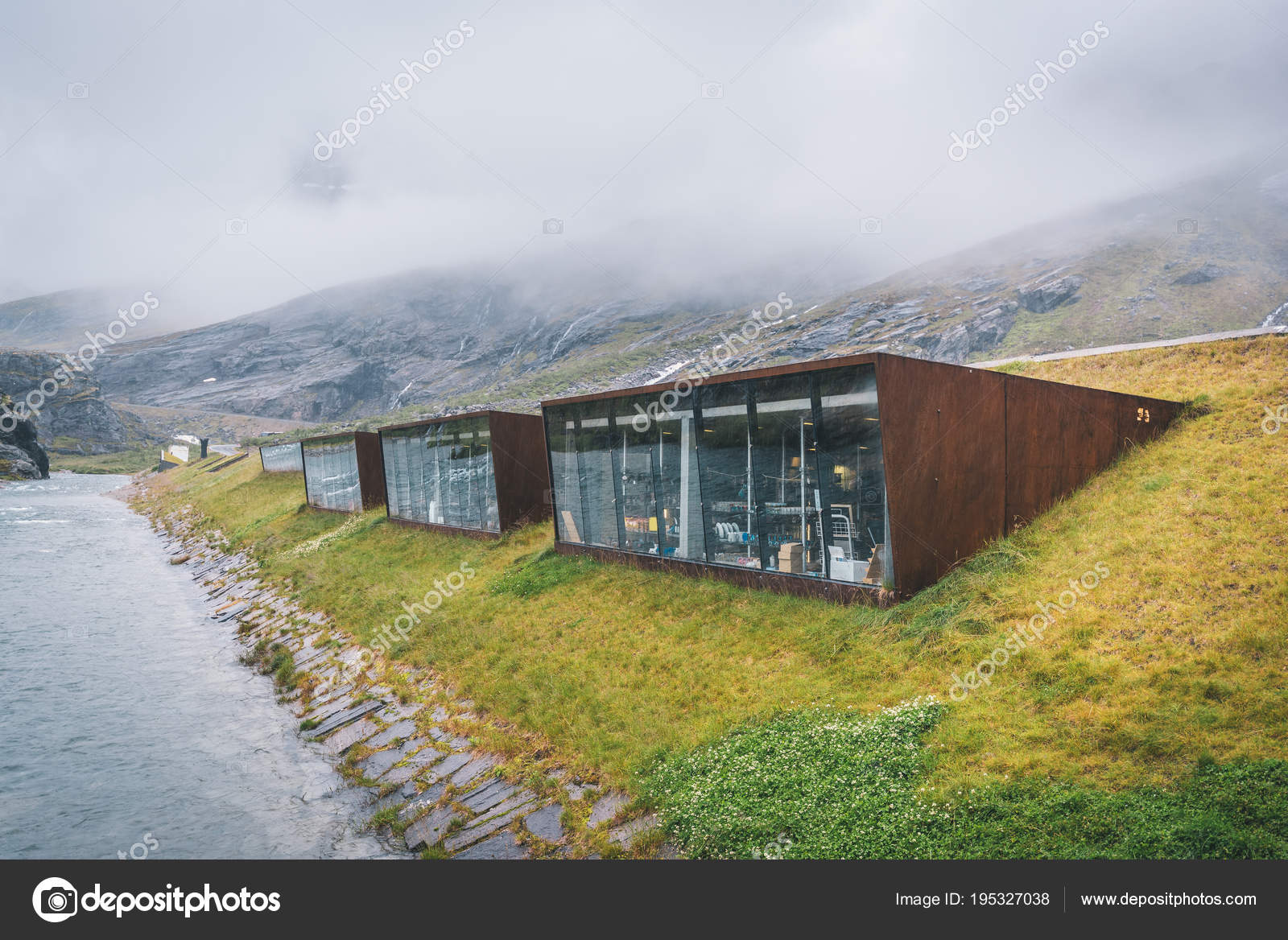 Modern Wooden Norwegian Cabins Foggy Mountain River Stock Photo