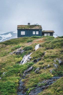 sisli dağlar geleneksel ahşap Norveç kabin