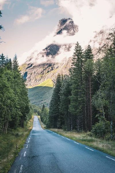 Amazing Road Norwegian Coniferous Forest High Top Snowy Mountain Background — Stock Photo, Image